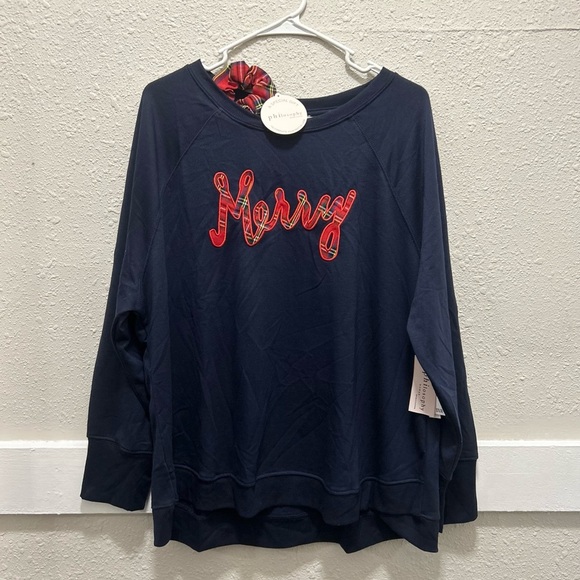 Women’s Philosophy Navy Blue Long Sleeve “Merry” Sweater w/ Scrunchie 1X - Picture 1 of 4